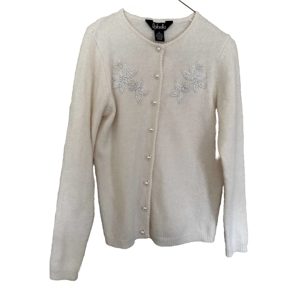 Vintage Beaded White Cream Wool Angora Cardigan Size S